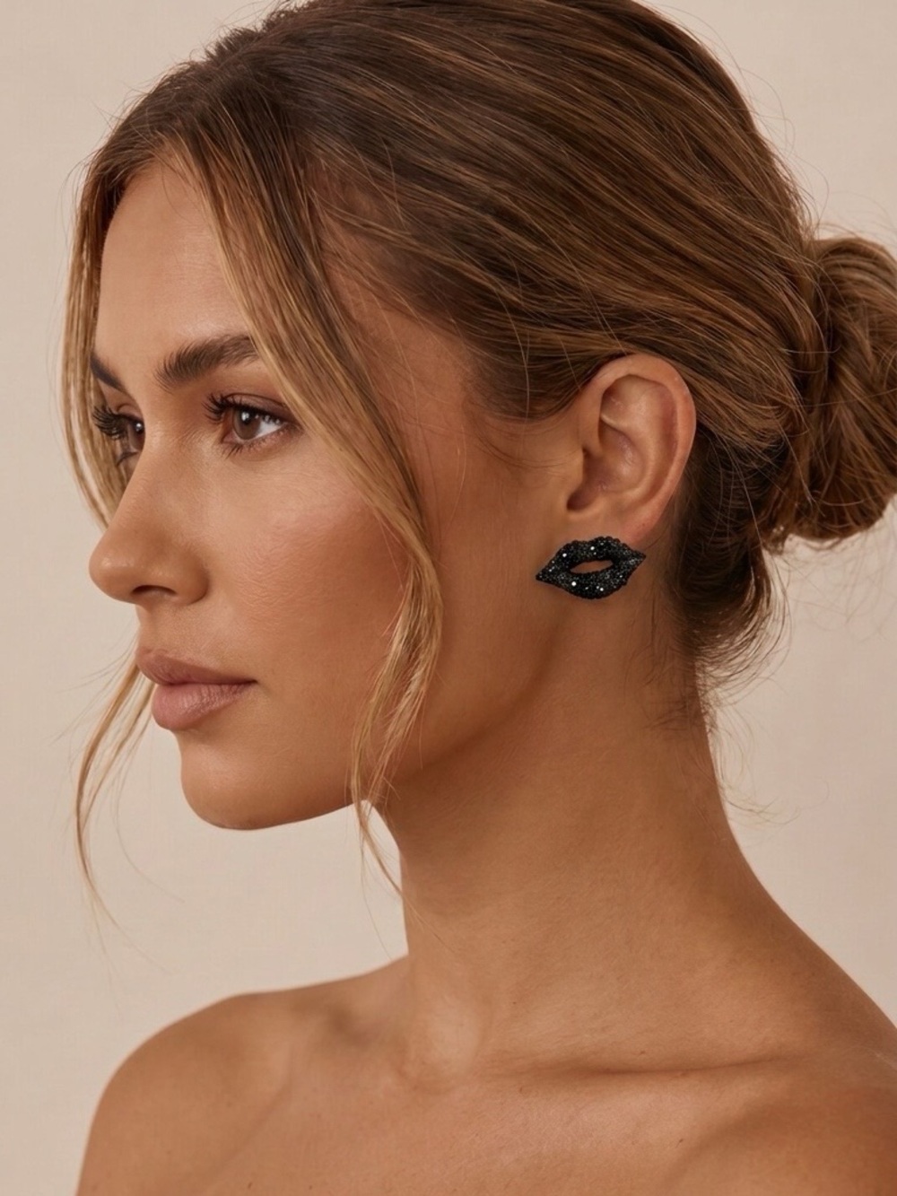 Betsey Johnson Black Rhinestone Lips Stud Earrings